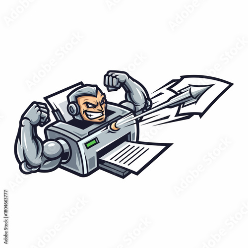 Cartoonish illustration powerful printer character flexing biceps paper thrust punch