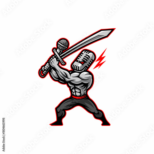 Mascot vector strong microphone character wielding sword music podcast