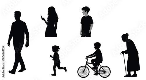 Collection of diverse human silhouettes: multi-generational group of adults, children, and seniors in various activities
