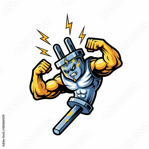 Cartoon vector muscular electrical plug flexing with lightning bolts energy