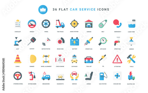 Car service trendy flat color icons set vector illustration, scheduled diagnostics of vehicle and auto repair tools, pictogram of automotive parts, automatic, manual transmission, wheel, tires.