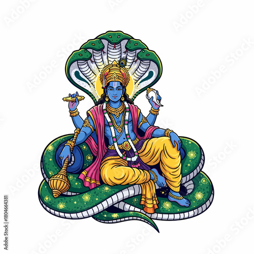 Illustration of hindu god vishnu sitting on a snake throne
