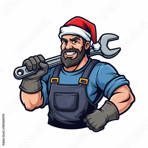 Cartoon mechanic with santa hat holding wrench new year