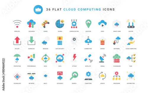 Server connection for download and upload of data files, update backup and software version, online security and signal efficiency. Cloud computing trendy flat icons set vector illustration