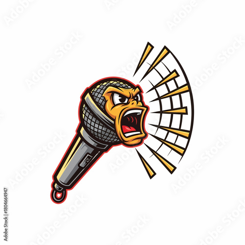 Cartoon microphone mascot shouting aggressively making loud sound waves music