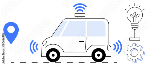 Self-driving car with wireless sensors, GPS location marker, light bulb for energy ideas, and gear for automation. Ideal for innovation, mobility, technology, AI, navigation sustainability