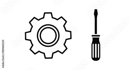 Minimalist black icons of a gear and a screwdriver representing tools and repair.