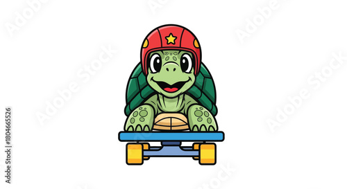 Cartoon turtle wearing a helmet and riding a skateboard, isolated on white.
