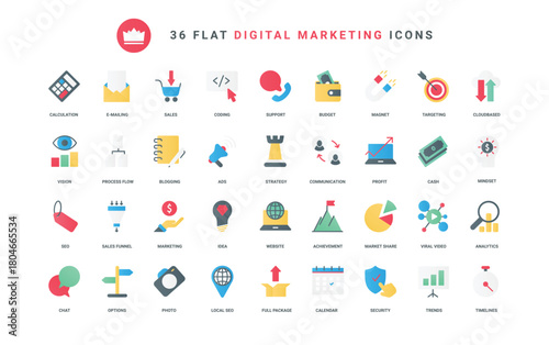 Digital marketing strategy vector trendy flat icons of business vision, internet network advertising with megaphone and viral video, blog analytics, security, and sales funnel.