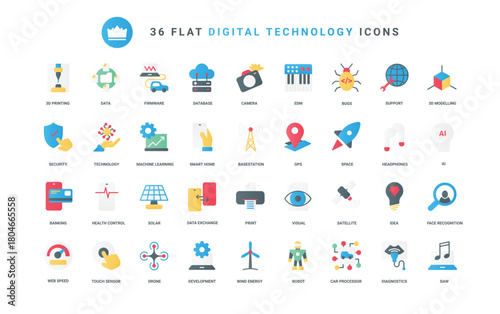 Vector illustration set of trendy flat color icons digital technology, internet communication, machine development, learning, 3d model printing, apps for health control recognition and diagnostics.