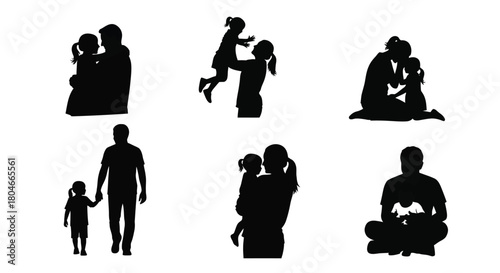 Family Love and Bonding Silhouettes. Parents and Children Interactions. Father, Mother and Kids.