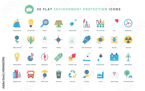 Recycle technology for eco factory, water pollution with oil platform and pump, alternative energy and bio fuel. Ecology, environment protection trendy flat icons set vector illustration
