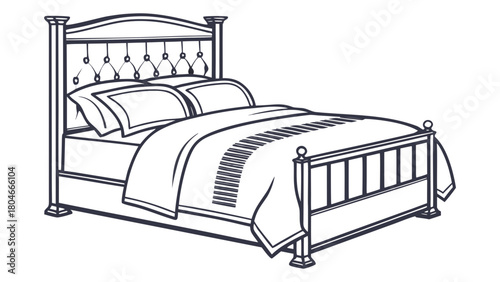 Classic double bed line art with tufted headboard and decorative frame, an elegant furniture illustration for bedroom design and home interior projects