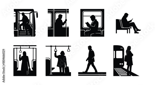 Diverse Public Transport Silhouettes: Urban Commuters, Passengers, and City Life Scenes