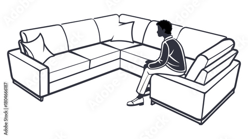 Stylized illustration of a person relaxing on a contemporary L-shaped sectional sofa, perfect for interior design concepts and comfortable home living spaces