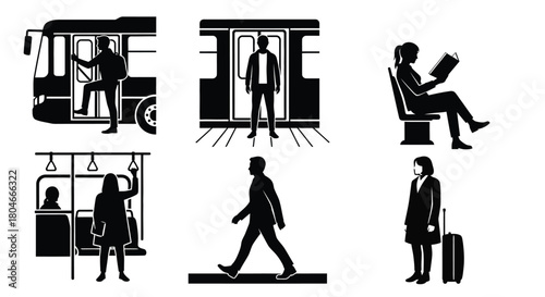 Urban Commuters and Travelers Silhouettes: People in Public Transport and City Life