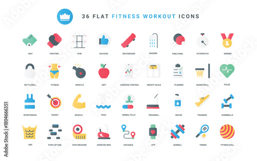 Kettlebell and barbell, dumbbell and treadmill for healthy training, weight control and loss, pulse measuring mobile app. Fitness sport workout in gym trendy flat icons set vector illustration