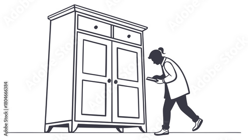 Hand-drawn illustration depicting a woman meticulously examining a classic wooden wardrobe, symbolizing attention to detail in furniture care or home maintenance