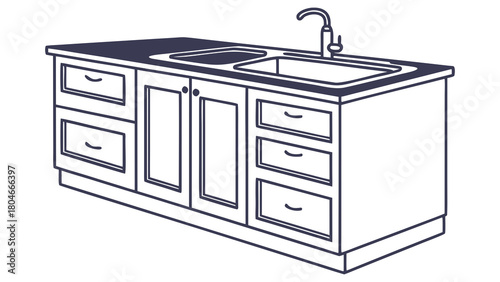 Detailed line drawing of a modern kitchen island unit featuring an integrated sink, faucet, and cooking hob, designed for contemporary home interior concepts and culinary spaces