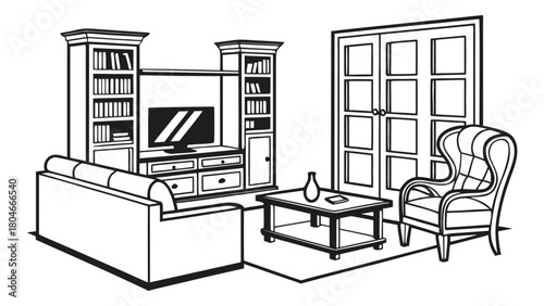 Detailed line drawing of a home living room furniture set. Includes sofa, armchair, coffee table, and entertainment unit in a cozy interior setting