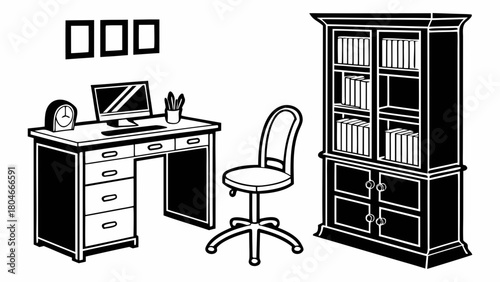 A black and white illustration of a home office setup featuring a desk with a computer and chair, alongside a bookshelf filled with books