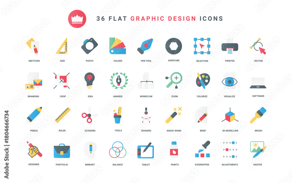 Fototapeta premium Software and tools to visualize designers portfolio and creative ideas and projects, ruler and magic brush, scissors crop size and pen. Graphic design trendy flat icons set vector illustration