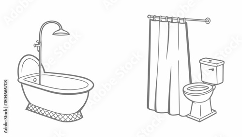 Elegant Bathroom Fixtures Bathtub and Toilet Line Art Illustration