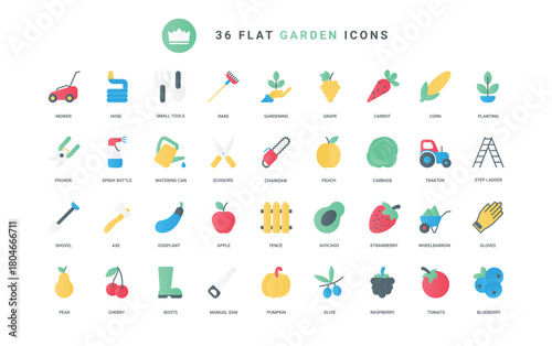 Electric equipment, gardening tools with handle to care farm plants and lawn grass, vegetables and fruit. Garden tools and agriculture trendy flat icons set vector illustration