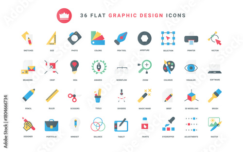 Software and tools to visualize designers portfolio and creative ideas and projects, ruler and magic brush, scissors crop size and pen. Graphic design trendy flat icons set vector illustration