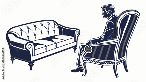 Elegant vintage illustration of a man in an armchair opposite an empty sofa, representing therapy or a deep conversation