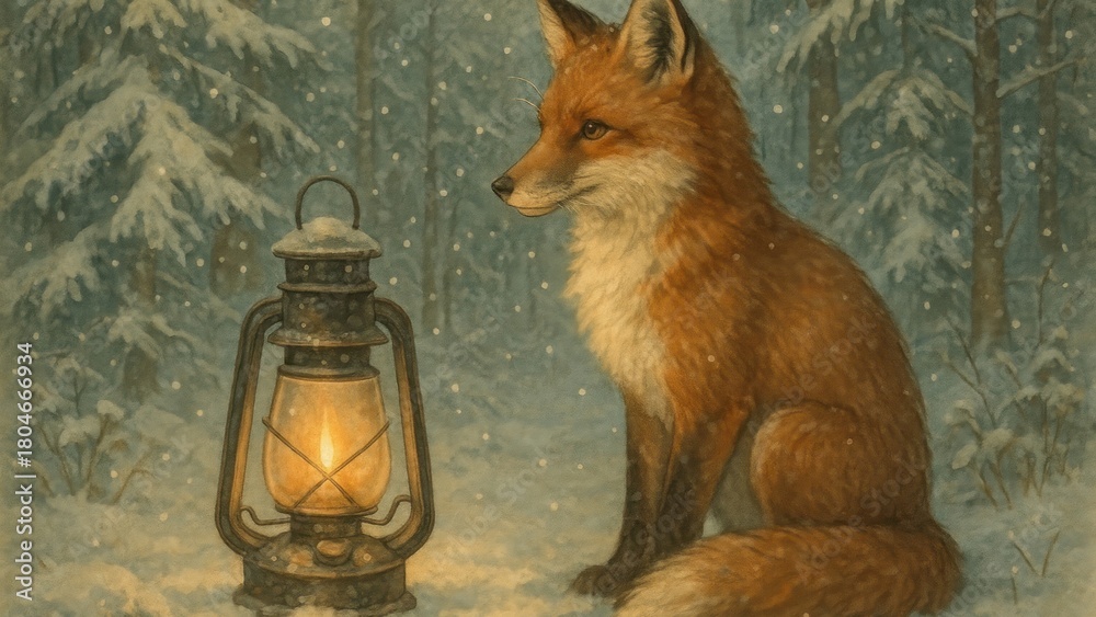 Naklejka premium Fox with lantern in snow desktop wallpaper