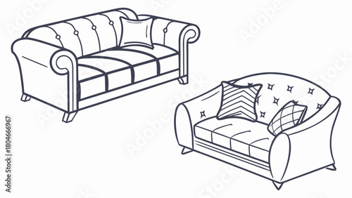 Two Illustrated Couches A Detailed Line Art Depiction for Interior Design and Home Decor Concepts