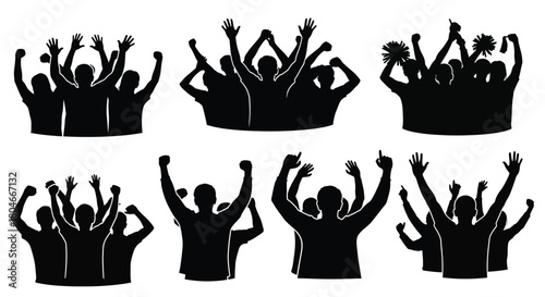 Excited crowd silhouettes with raised hands cheering at a concert, festival, or sports event. Celebration and victory concept.
