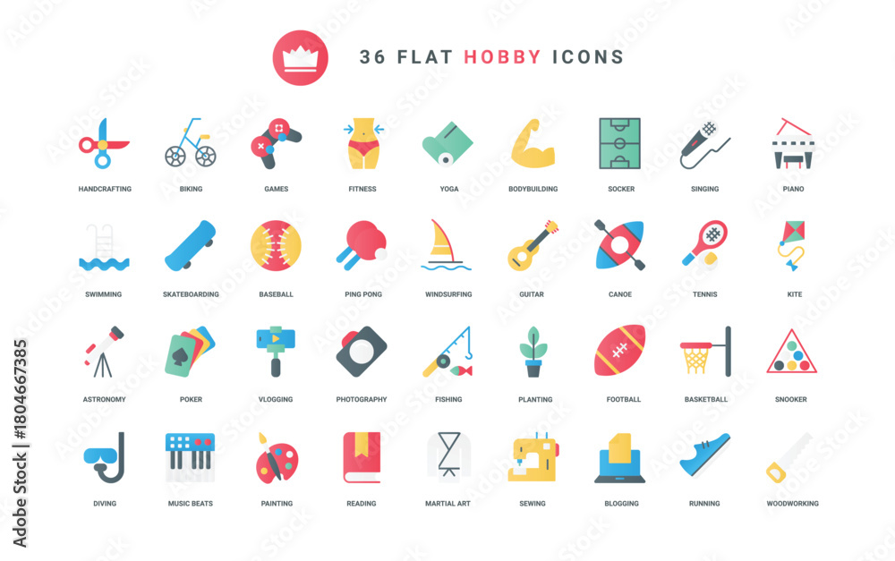 Fototapeta premium Outdoor and indoor leisure fun activity for weekend with arts and music, photography and online video game, sport and yoga, handcrafting. Hobby trendy flat icons set vector illustration