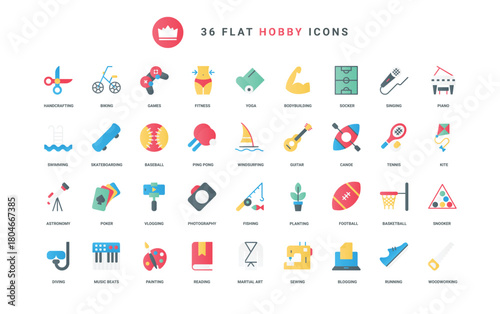 Outdoor and indoor leisure fun activity for weekend with arts and music, photography and online video game, sport and yoga, handcrafting. Hobby trendy flat icons set vector illustration