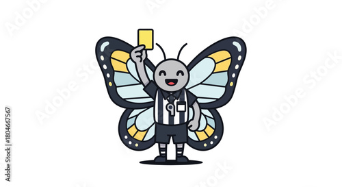 A cute cartoon butterfly character dressed as a soccer referee holding up a yellow card.