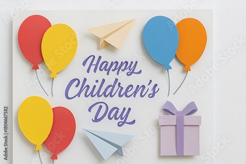 Happy children s day celebration with balloons paper airplanes and gift box