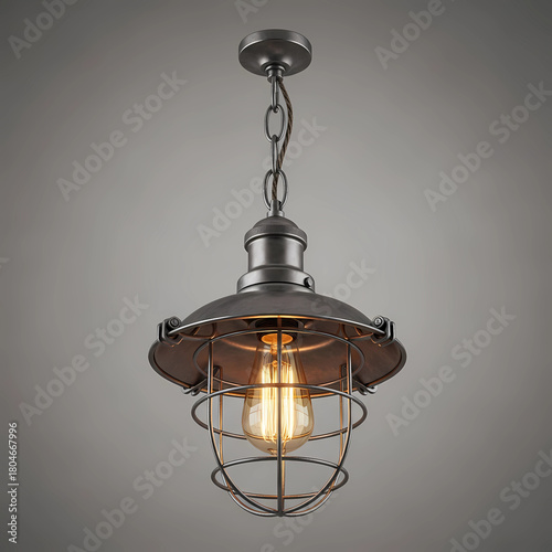Industrial Style Cage Pendant Light with Edison Bulb, Isolated on Transparent Background..
