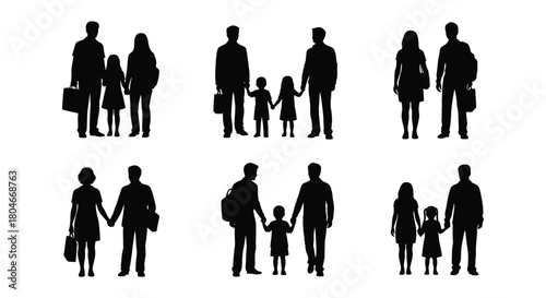 Family Silhouettes Set. Diverse Parents and Children Walking Together, Holding Hands and Traveling.