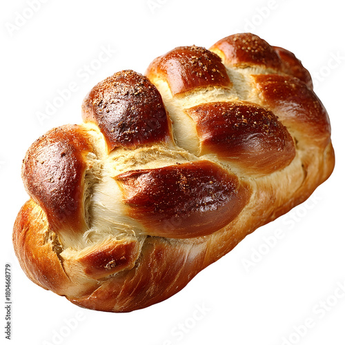 A golden brown freshly baked challah bread loaf meticulously braided and presented on a clean white background