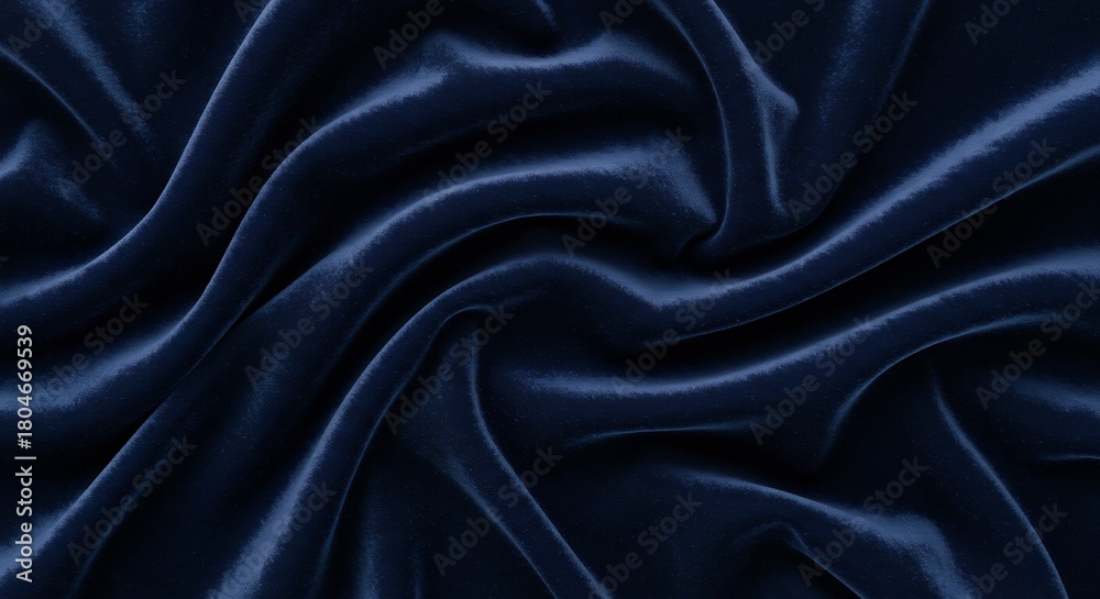 Fototapeta premium Deep blue velvet fabric with swirling folds Smooth surface with light reflecting off the curves