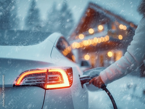 A hand charges a white electric car in winter against the backdrop of a private house