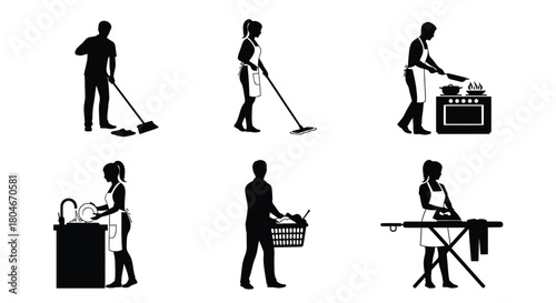 Household Chores and Housekeeping Activities Silhouettes Set