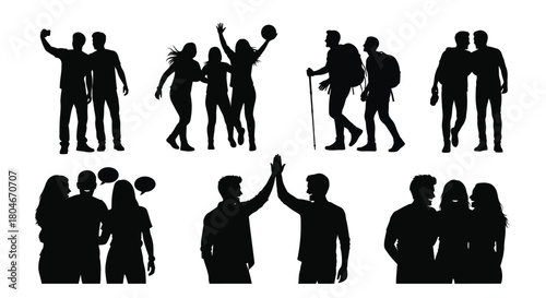 Silhouettes of People Socializing, Hiking, Cheering, and High-Fiving, Depicting Friendship and Teamwork