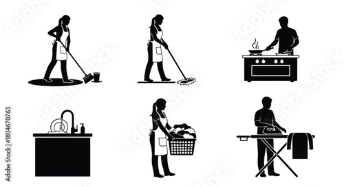 Diverse Household Chores Silhouettes Collection: Cleaning, Cooking, Laundry, and Home Maintenance