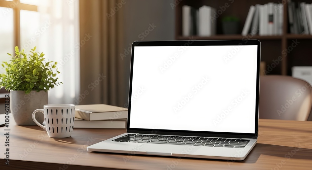 Fototapeta premium Laptop with a blank screen on a wooden desk in a bright room with a coffee mug and plant providing a modern and cozy workspace for remote work and online meetings