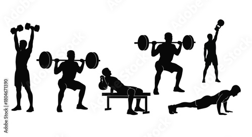 Fitness Workout Exercises Silhouettes Set: Strength Training with Dumbbells, Barbell, Kettlebell, and Bodyweight