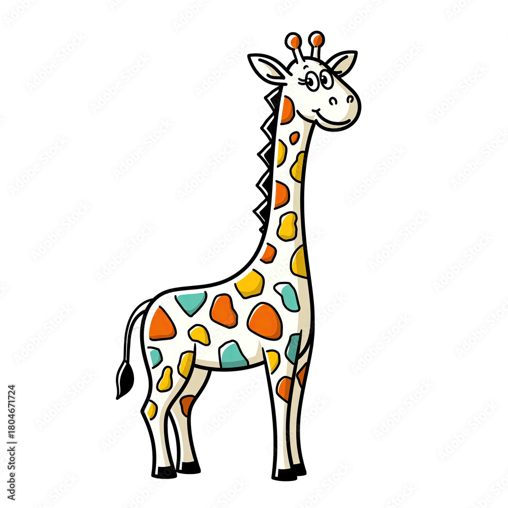 Fototapeta premium Cartoon Giraffe With Colorful Spots Standing Tall On A Black Background With A Friendly Expression