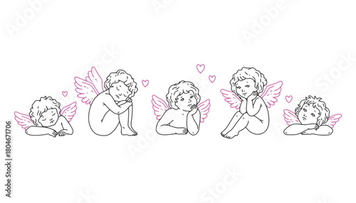Illustration of five cherubs with pink wings and hearts on white background