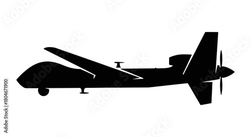 Silhouette of a drone aircraft with wings, propeller, and tail fin, isolated.